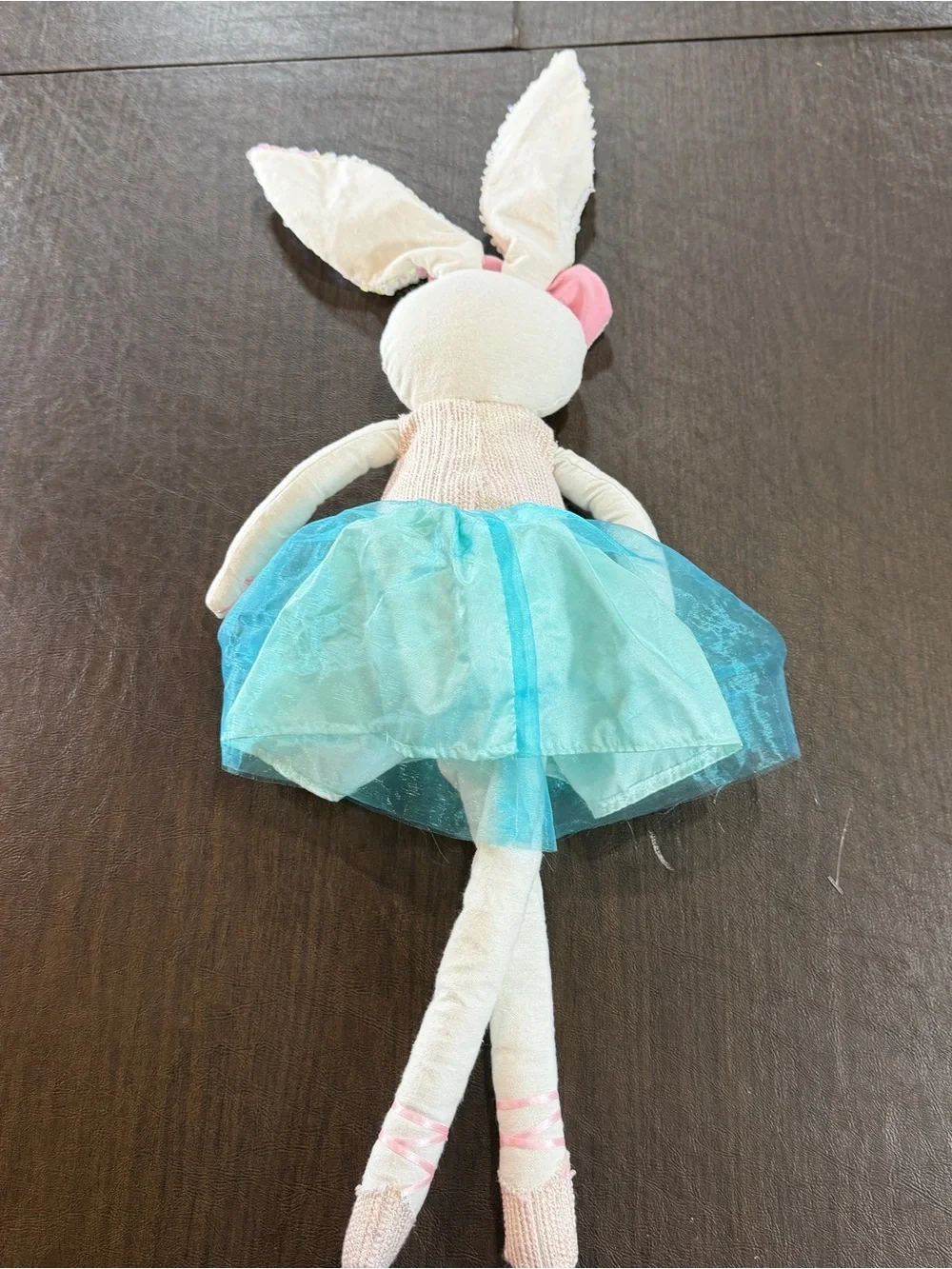 Plush Sitting Ballerina Bunny Doll with Aqua Tulle Skirt and Pink Bow